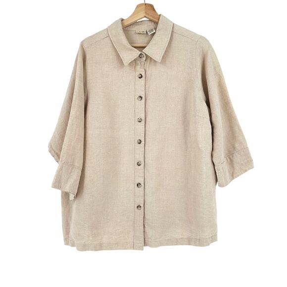 Linden Hill Womens Button Up 100% Linen Shirt 1X Breathable 3/4 Sleeve Lagenlook - Picture 1 of 10